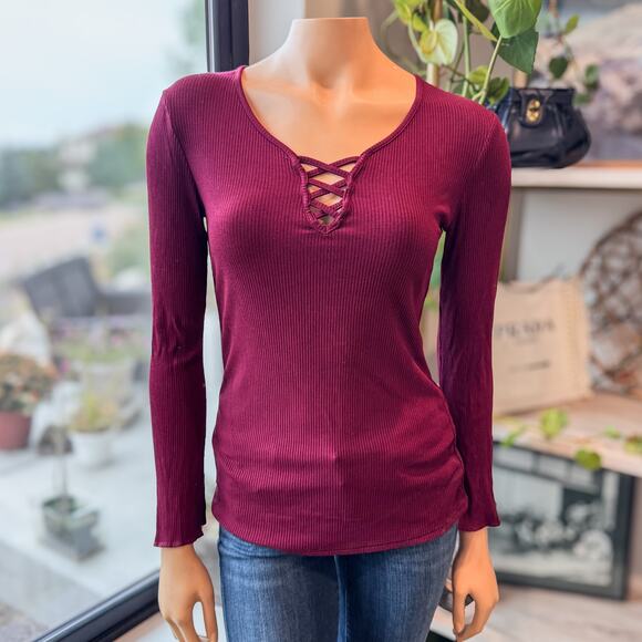 Democracy, Mulberry Ribbed Knit Criss Cross Neckline Long Sleeve Top, Medium - Picture 1 of 8
